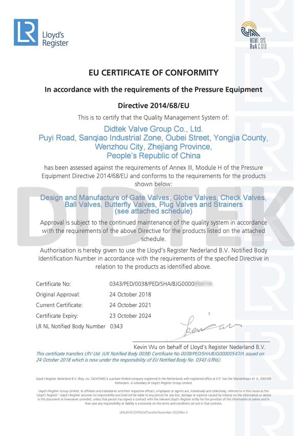 Didtek Lloyd's Register 2014/68/EU Annex III Module H CE
